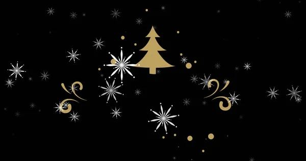 Image Gold Christmas Tree White Snowflakes Black Background Christmas New — Stock Fotó
