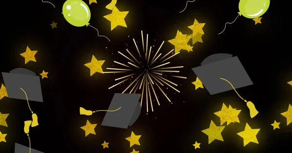 背景に星の上に気球が飛んで卒業帽子のイメージ パーティーやお祝いのコンセプトをデジタルで — ストック写真