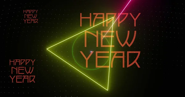 Image Happy New Year Text Red Colourful Neon Shapes Rotating — стоковое фото