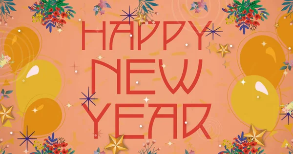 Image Happy New Year Text Red Flowers Balloons Pink Background — Fotografia de Stock