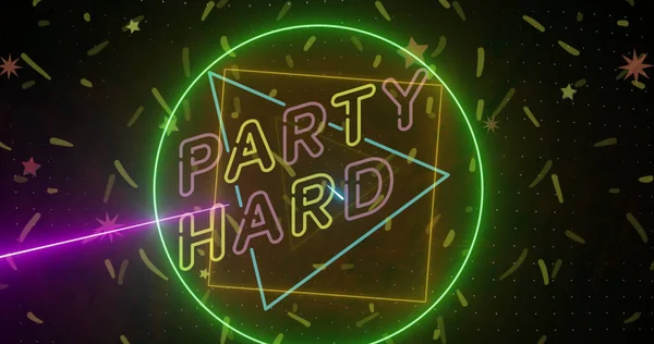 Image Party Hard Text Pink Yellow Neon Confetti Falling Black — Stock Photo, Image