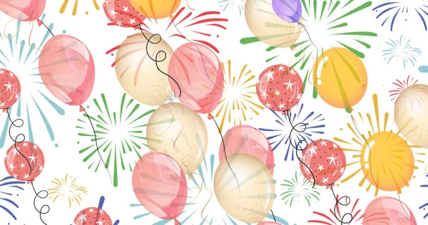 Image Illustration Colourful Balloons Moving Firework Explosions White Background New — Stock Fotó
