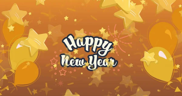 Image Happy New Year Text Yellow Stars Balloons Orange Background — стоковое фото