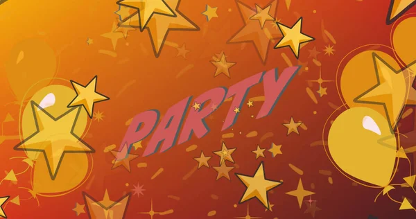 Image Party Text Pink Yellow Stars Balloons Orange Background Celebration — Zdjęcie stockowe