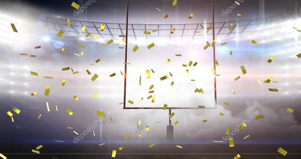 Image of gold confetti falling over american football pitch at stadium. sport, achievement, competition, game and celebration concept, digitally generated image