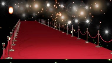 Düşen ışık noktalarının üzerindeki kırmızı halının animasyonu. moda tasarımı ve giyim konsepti dijital olarak oluşturulmuş video.