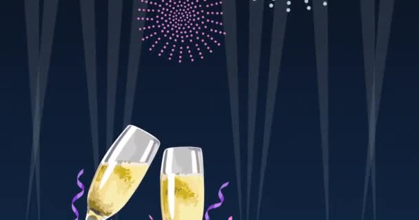 Animação Texto Feliz Ano Novo Sobre Fogos Artifício Copos Champanhe — Vídeo de Stock