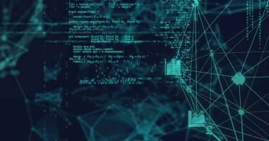 Mavi arkaplanda veri işleme ve ortam simgelerinin resmi. küresel iş, finans, bağlantılar ve dijital arayüz konsepti dijital olarak oluşturulmuş görüntü.