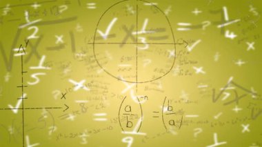Animation of mathematical equations on yellow background. school, education and digital interface concept digitally generated video.