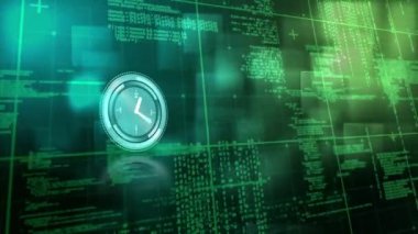Veri işleme üzerinde saatin animasyonu. küresel bağlantılar, iş dünyası, dijital arayüz, teknoloji ve ağ konsepti dijital olarak oluşturulmuş video.