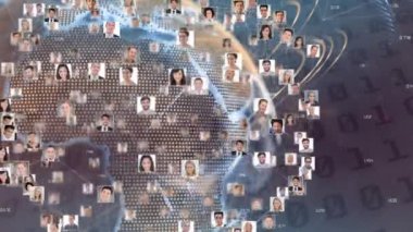 Veri işleme üzerinden insanların resimleriyle bağlantı ağının animasyonu. küresel bağlantılar, iş dünyası, dijital arayüz, teknoloji ve ağ konsepti dijital olarak oluşturulmuş video.