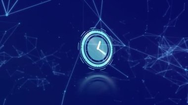Koyu mavi arkaplandaki saat ve bağlantı ağının animasyonu. zaman geçişi, renk ve hareket kavramı dijital olarak oluşturulmuş video.