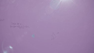 Mor arkaplan üzerinde matematiksel denklemlerin animasyonu. küresel eğitim, bağlantılar, veri işleme ve teknoloji konsepti dijital olarak oluşturulmuş video.