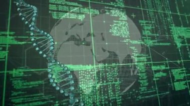 Veri işleme ve kürede dönen DNA iplikçiklerinin animasyonu. Dijital ortamda üretilmiş küresel bilim ve teknoloji kavramı.