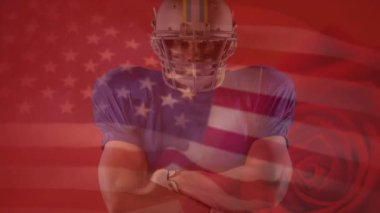 Amerikan futbolcusunun gül ve Amerikan bayrağı üzerindeki animasyonu. küresel spor, rekabet ve vatanseverlik kavramı dijital olarak üretilen video.