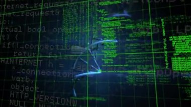 Karanlık arka planda bilimsel veri işleme animasyonu. Dijital ortamda üretilmiş küresel bilim ve teknoloji kavramı.