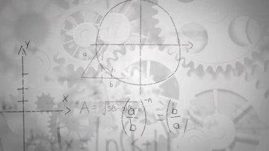 Animation of mathematical equations over white background with cogs. global education, connections, data processing and technology concept digitally generated video.