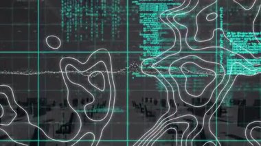 Animation of data processing and shapes moving over office. global business and digital interface concept digitally generated video.