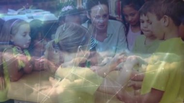 Kimya dersi sırasında çeşitli öğretmenler ve öğrenciler üzerindeki bağlantı ağlarının animasyonu. küresel eğitim, öğrenme ve bağlantılar konsepti dijital olarak oluşturulmuş video.