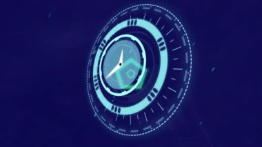 Koyu mavi arkaplandaki geometrik şekillerin üzerindeki saatin animasyonu. zaman geçişi, renk ve hareket kavramı dijital olarak oluşturulmuş video.