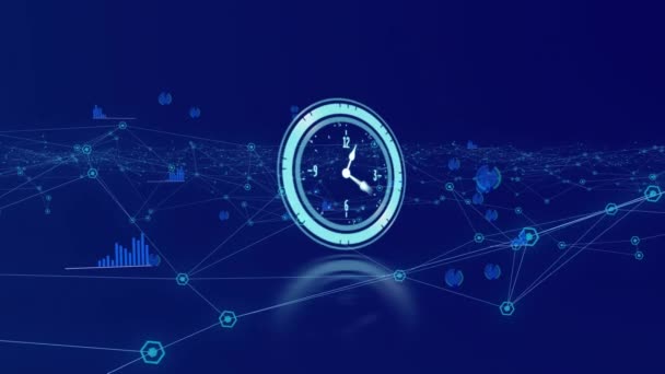 Animation Clock Graphs Dark Blue Background Time Passing Colour Movement — Video Stock