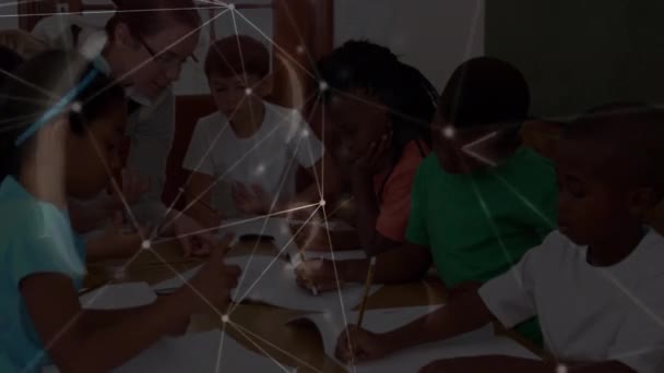 Animation Networks Connections Numbers Diverse Schoolchildren Teacher Global Education Technology — Vídeos de Stock