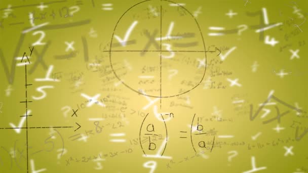 Animation Mathematical Equations Yellow Background School Education Digital Interface Concept — стоковое видео