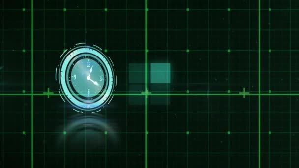 緑のグリッド上の時計のアニメーション 世界的な科学研究と技術の概念はデジタルで生成され — ストック動画