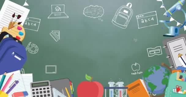 Animação Texto Feliz Dia Substituto Sobre Ícones Itens Escola Fundo — Vídeo de Stock