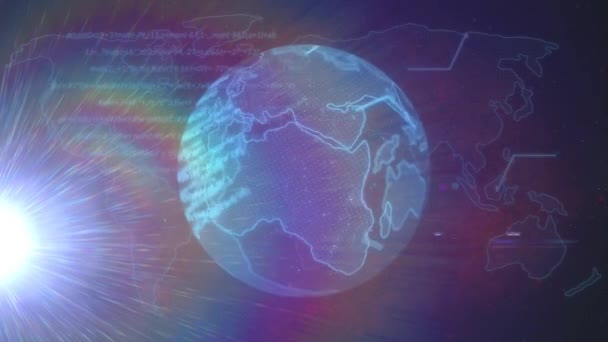 지도가 배경에 지구본 과가벼운 오솔길을 애니메이션으로 글로벌 비즈니스 디지털 인터페이스 — 비디오