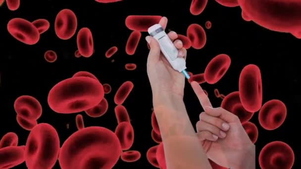 Animatie Van Bloedcellen Handen Van Blanke Mannen Die Bloed Verzamelen — Stockvideo