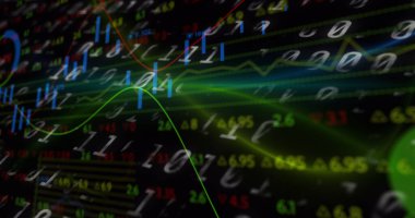 Siyah arkaplan üzerindeki veri işleme ve diyagramlarının resmi. küresel iş, finans, bağlantılar ve dijital arayüz konsepti dijital olarak oluşturulmuş görüntü.