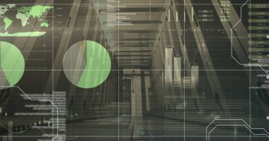 Sunucu odasında veri işleme ve diyagram resmi. küresel iş, finans, bağlantılar ve dijital arayüz konsepti dijital olarak oluşturulmuş görüntü.