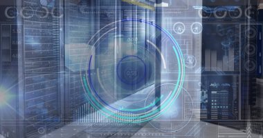 Sunucu odasında dijital arayüz ve veri işleme görüntüsü. küresel iş, finans, dijital arayüz ve bağlantılar konsepti dijital olarak oluşturulmuş görüntü.