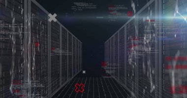 Sunucu odasındaki veri işleme ve şekillerin resmi. küresel iş, finans, bağlantılar ve dijital arayüz konsepti dijital olarak oluşturulmuş görüntü.