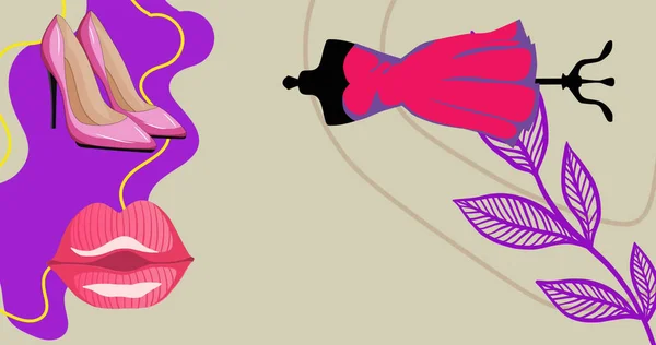 Изображение Розового Платья Обуви Губ Поверх Фиолетовых Листьев Абстрактных Форм — стоковое фото