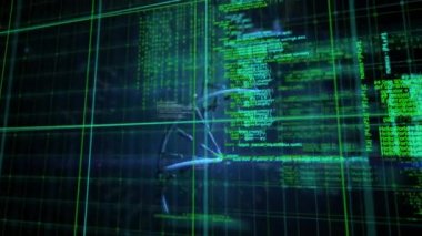 Karanlık arka planda bilimsel veri işleme animasyonu. Dijital ortamda üretilmiş küresel bilim ve teknoloji kavramı.