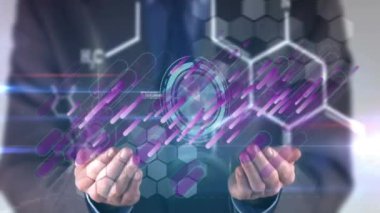 Kafkas işadamı üzerinde DNA ipliği ve veri işleme animasyonu. bilim ve dijital arayüz kavramı dijital olarak oluşturulmuş video.