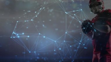Amerikan futbolcusu üzerinden takımyıldızlarının animasyonu. global spor, rekabet ve bağlantılar dijital olarak oluşturulmuş video konsepti.