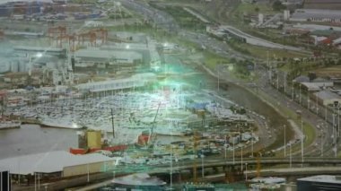 Animation of network of connections over cityscape. global business, connections, digital interface and technology concept digitally generated video.