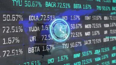 Ofiste hareket eden veri işleme ve saatin animasyonu. küresel iş ve dijital arayüz kavramı dijital olarak oluşturulmuş video.