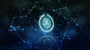 Animation of clock moving and network of connections on black background. social media and communication interface concept digitally generated video.