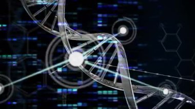 Animation of dna strand and network of connections over light trails. social media and communication interface concept digitally generated video.