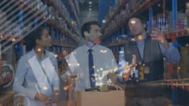 Depoda çalışanların finansal veri işleme animasyonları. küresel gönderim, dağıtım, iş, veri işleme ve teknoloji konsepti dijital olarak oluşturulmuş video.