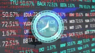 Animation of clock moving and stock market over office. global business and digital interface concept digitally generated video.