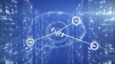 Animation of network of connection with icons over data processing. global connections, business, digital interface, technology and networking concept digitally generated video.