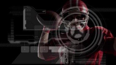 Amerikan futbolcusu üzerinden veri işleme animasyonu. küresel spor, rekabet ve teknoloji konsepti dijital olarak oluşturulmuş video.