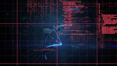 Karanlık arka plandaki bilimsel veri işleme üzerinde DNA iplikçiklerinin animasyonu. Dijital ortamda üretilmiş küresel bilim ve teknoloji kavramı.