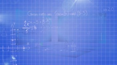 Mavi arkaplan üzerinde matematiksel denklemlerin animasyonu. küresel eğitim, bağlantılar, veri işleme ve teknoloji konsepti dijital olarak oluşturulmuş video.