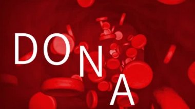 Animation of donate text over multiple blood cells. blood donation day concept digitally generated video.